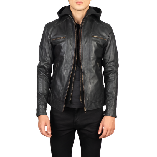 Men's Black Hooded Leather Jacket