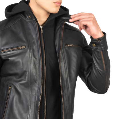 Men's Black Hooded Leather Jacket