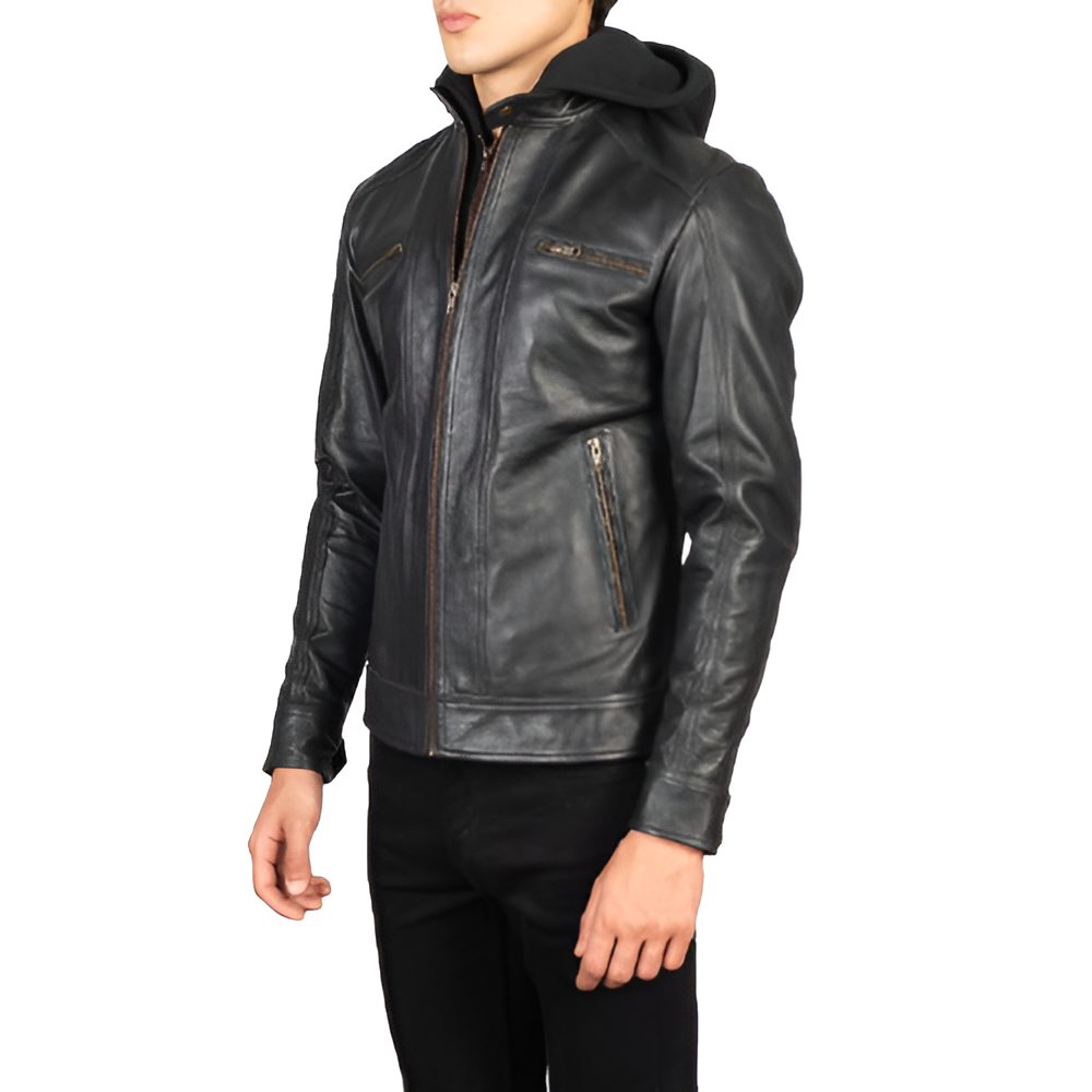 Men's Black Hooded Leather Jacket