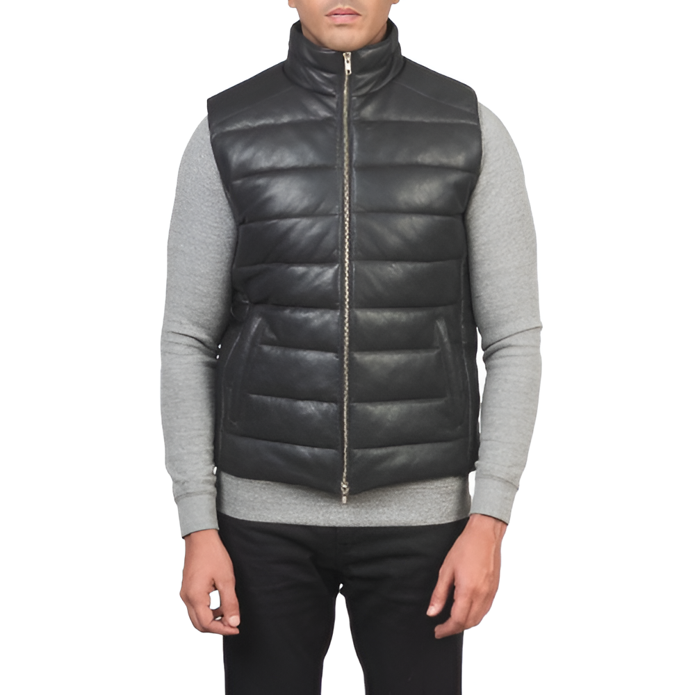 Men's Black Puffer Leather Vest