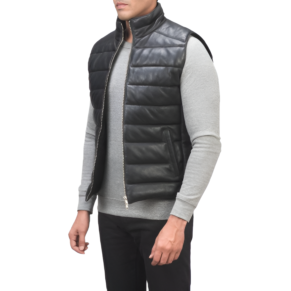 Men's Black Puffer Leather Vest