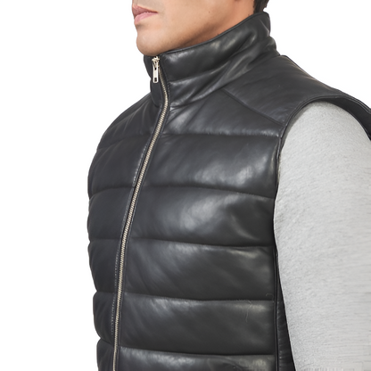 Men's Black Puffer Leather Vest