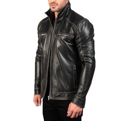 Men's Black Zippered Leather Jacket