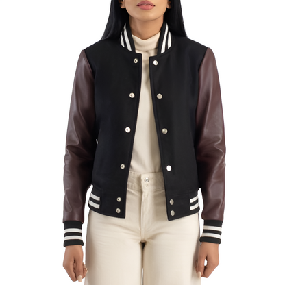 Women's Varsity Jacket with Black Body and Brown Leather Sleeves