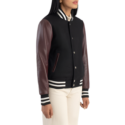 Women's Varsity Jacket with Black Body and Brown Leather Sleeves