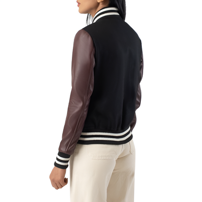 Women's Varsity Jacket with Black Body and Brown Leather Sleeves