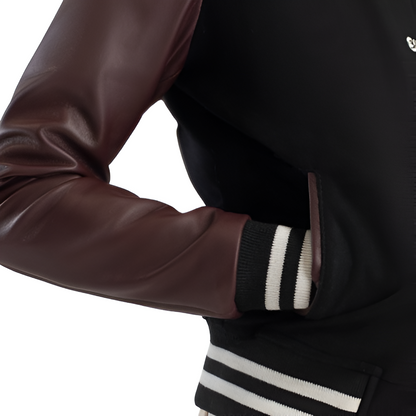 Women's Varsity Jacket with Black Body and Brown Leather Sleeves