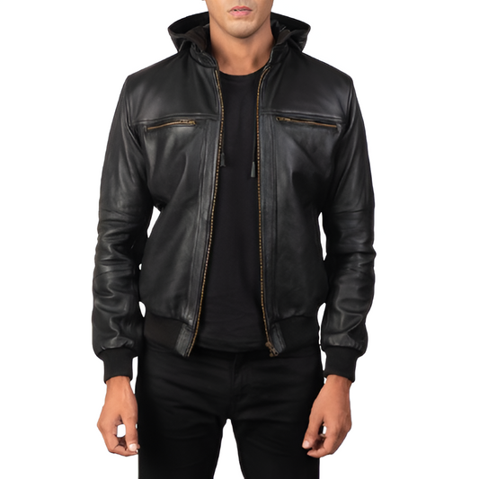 Men's Black Leather Hooded Jacket