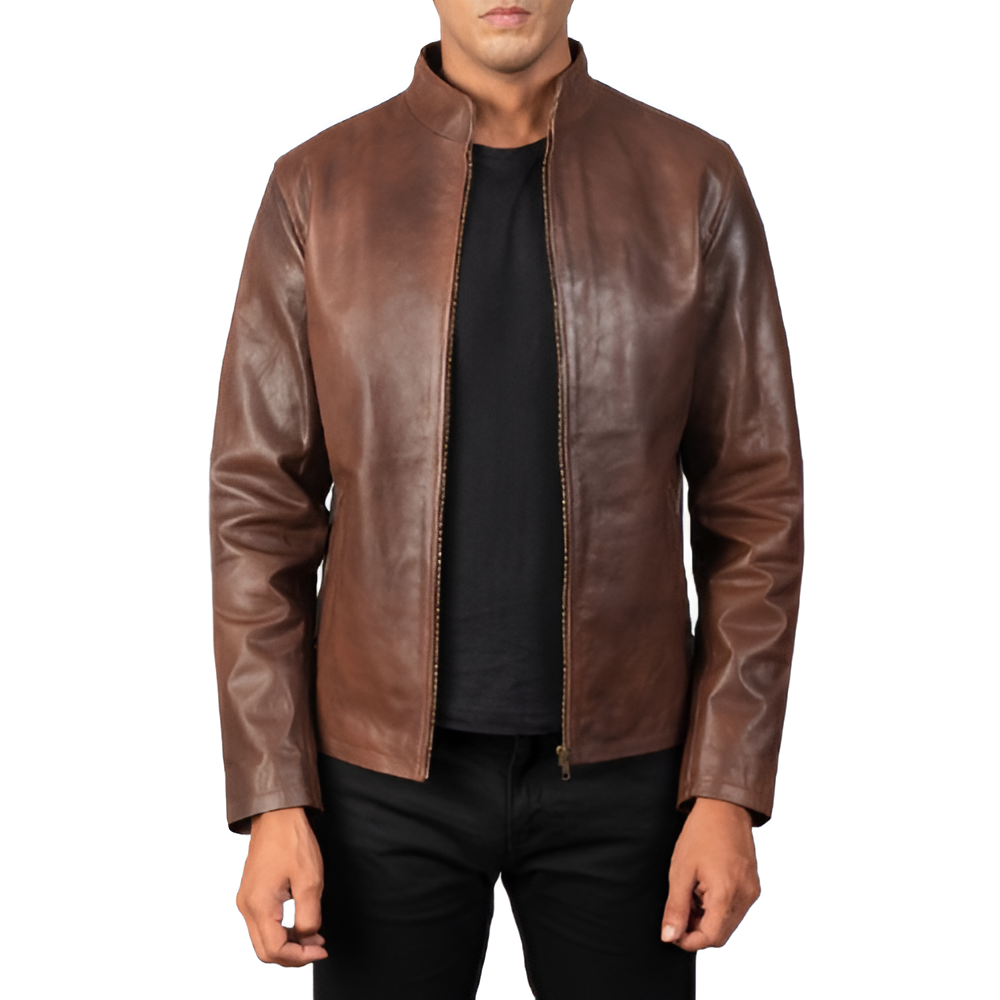 Men's Brown Stand Collar Leather Jacket