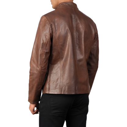 Men's Brown Stand Collar Leather Jacket