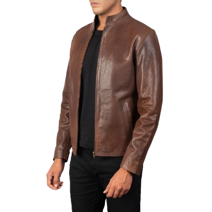 Men's Brown Stand Collar Leather Jacket