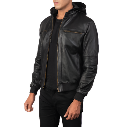 Men's Black Leather Hooded Jacket