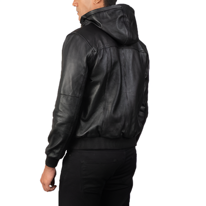 Men's Black Leather Hooded Jacket