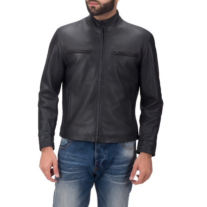 Men's Black Stand Collar Leather Jacket