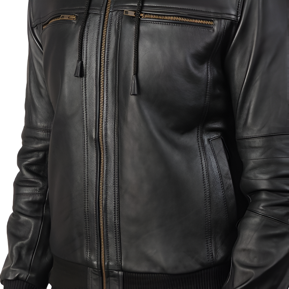 Men's Black Leather Hooded Jacket