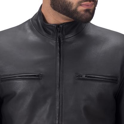 Men's Black Stand Collar Leather Jacket