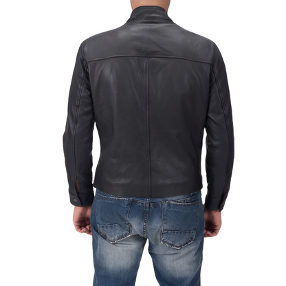 Men's Black Stand Collar Leather Jacket