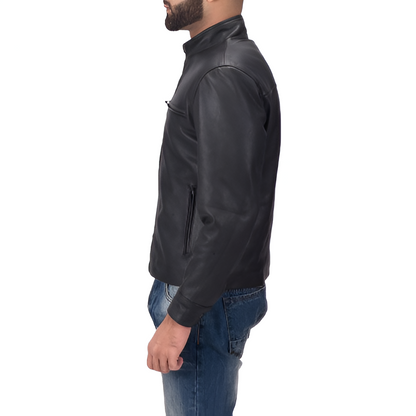 Men's Black Stand Collar Leather Jacket