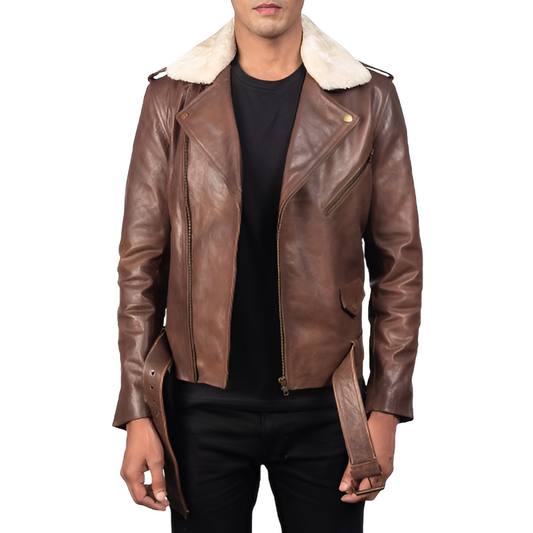 Men's Brown Shearling Collar Leather Jacket