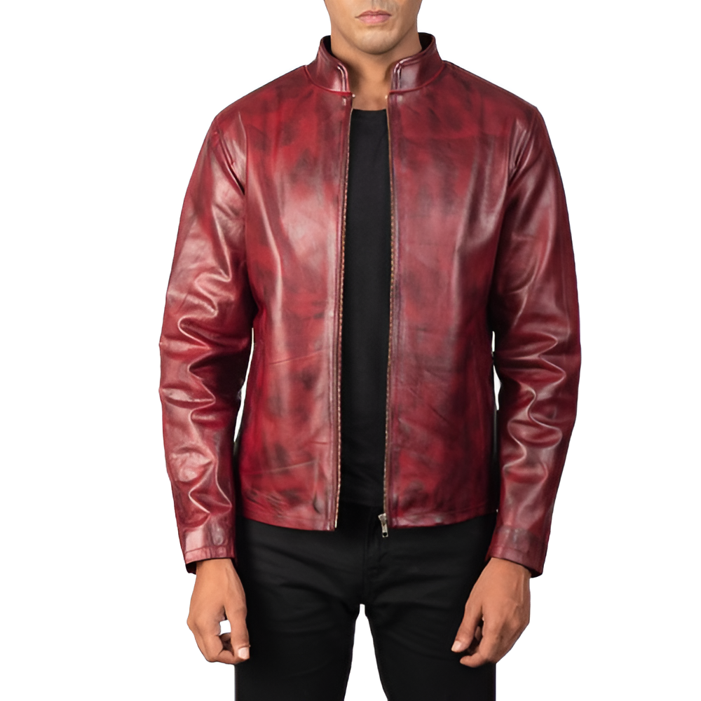 Men's Red Stand Collar Leather Jacket