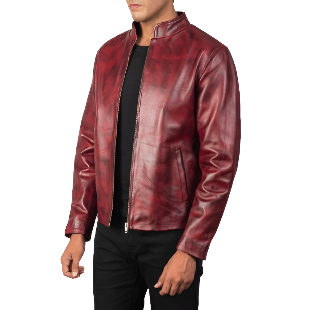 Men's Red Stand Collar Leather Jacket