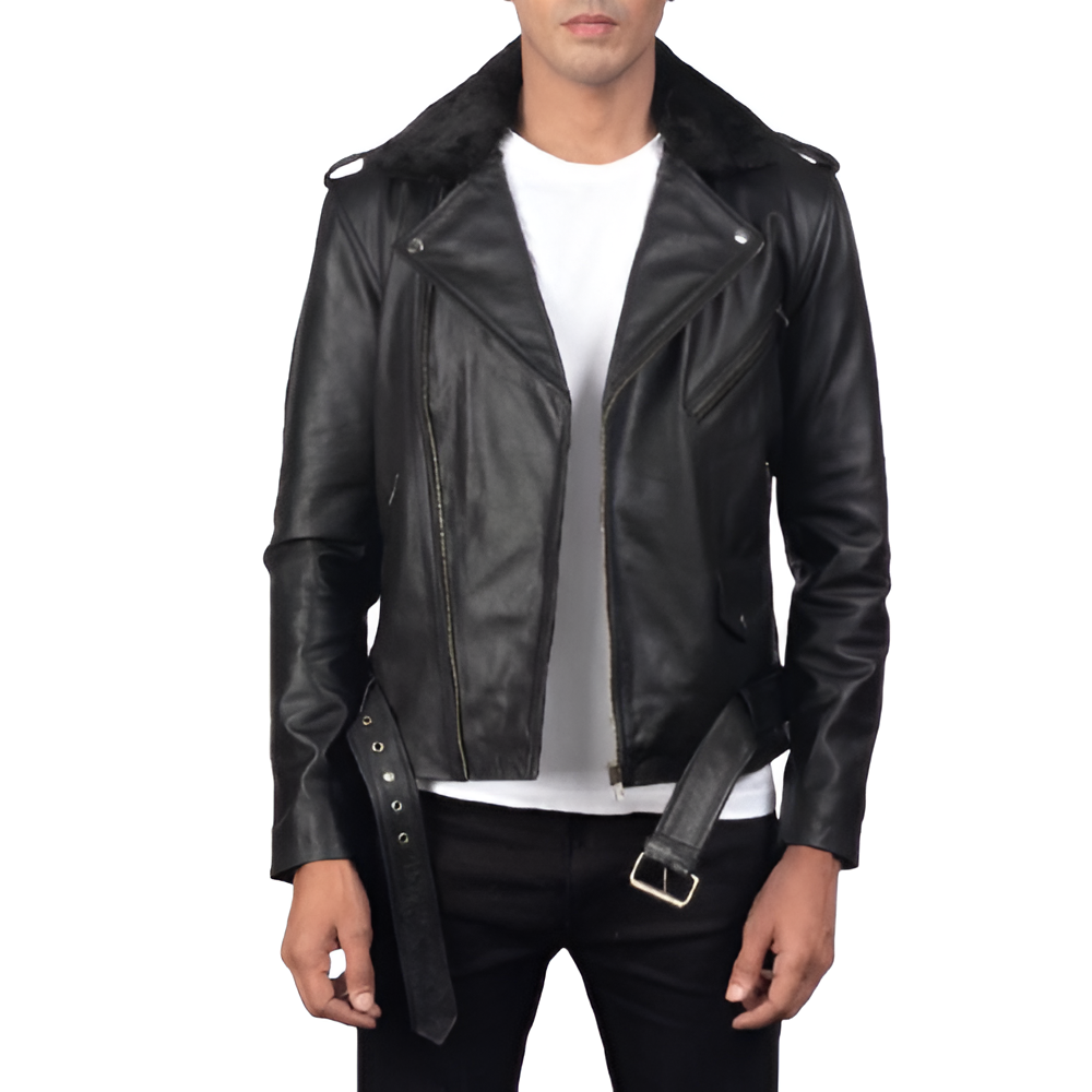 Men's Black Fur Collar Biker Leather Jacket