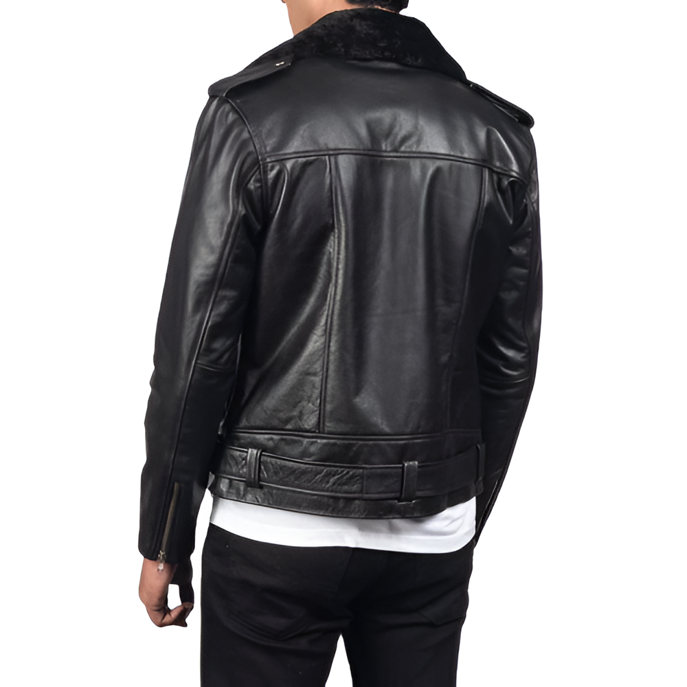 Men's Black Fur Collar Biker Leather Jacket