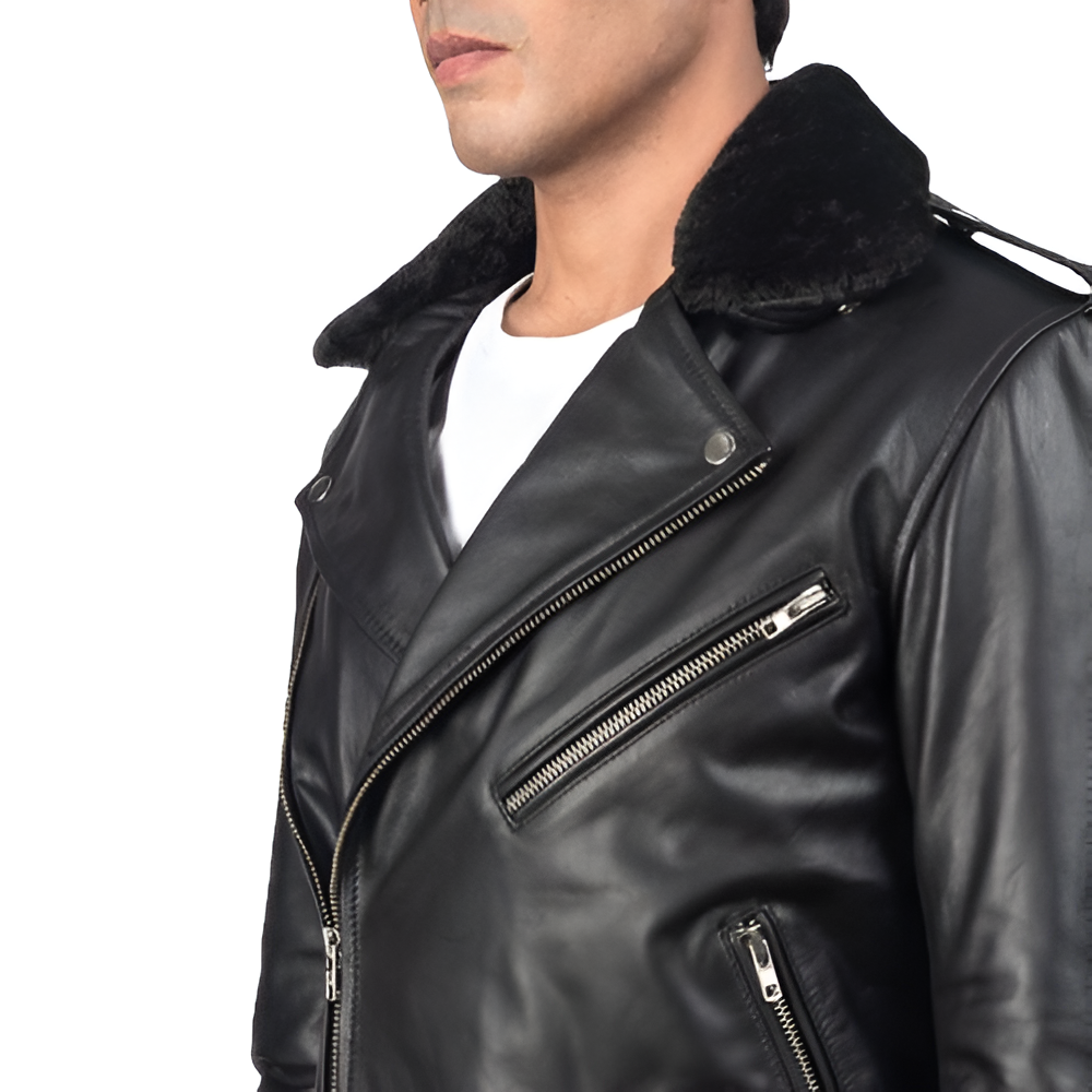 Men's Black Fur Collar Biker Leather Jacket