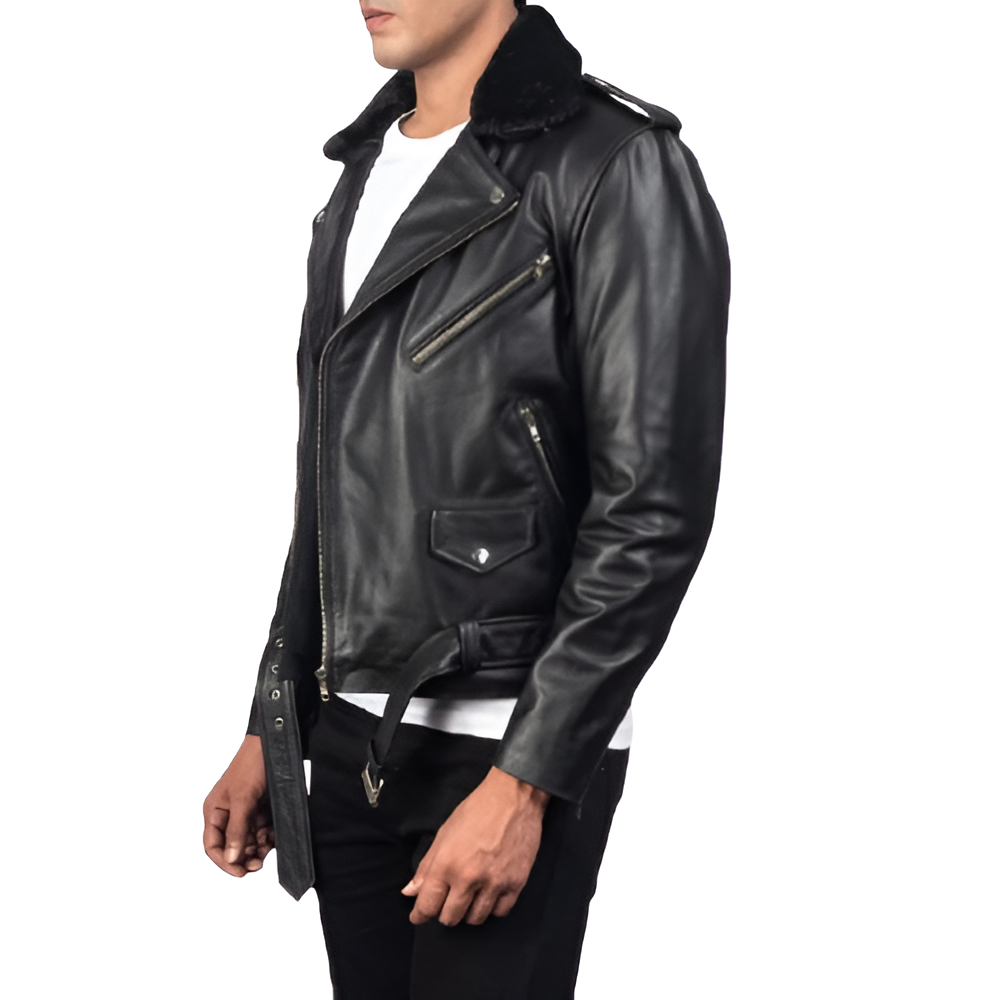 Men's Black Fur Collar Biker Leather Jacket