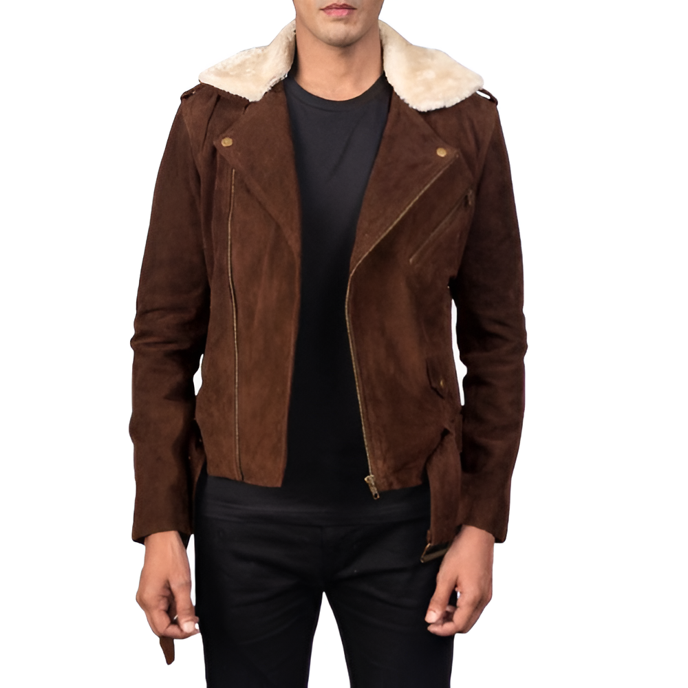 Men's Brown Suede Shearling Collar Jacket