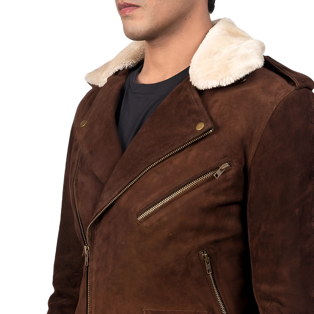 Men's Brown Suede Shearling Collar Jacket