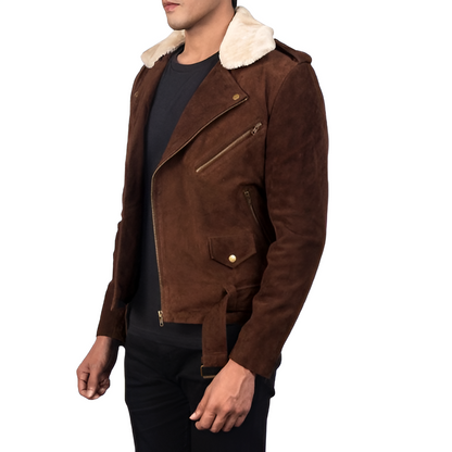 Men's Brown Suede Shearling Collar Jacket