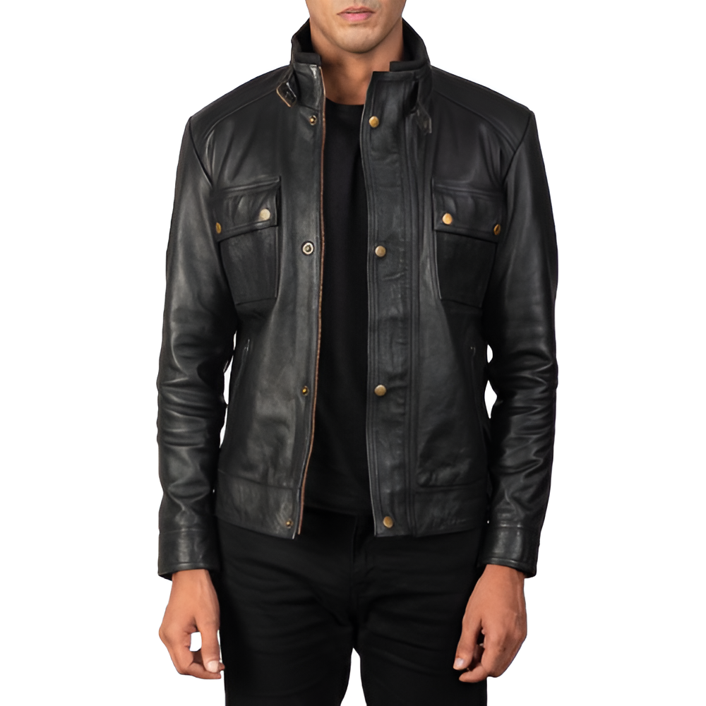 Men's Black Military Style Leather Jacket