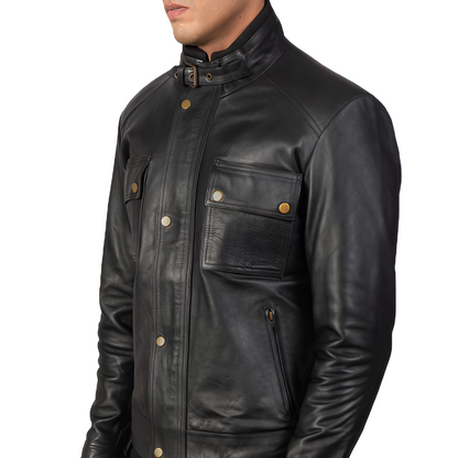 Men's Black Military Style Leather Jacket