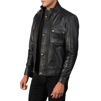 Men's Black Military Style Leather Jacket