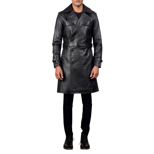 Men's Black Leather Trench Coat