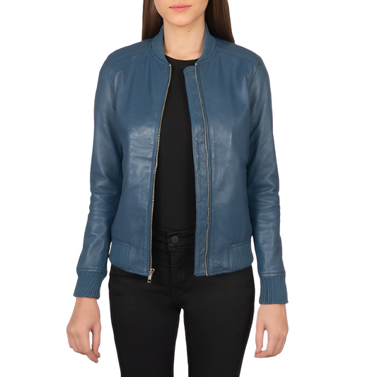 Women's Teal Bomber Leather Jacket