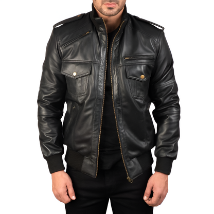 Men's Black Leather Utility Jacket