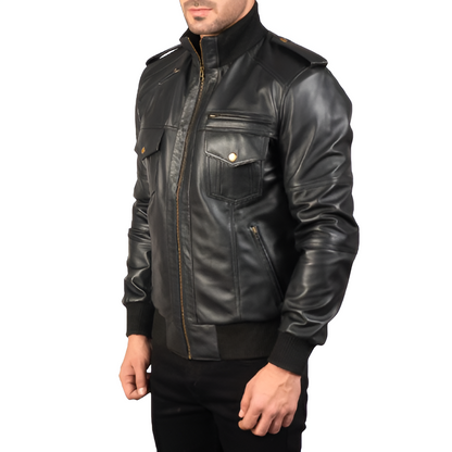 Men's Black Leather Utility Jacket