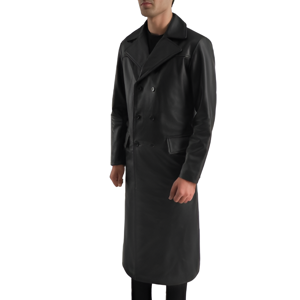 Black Leather Double-Breasted Coat