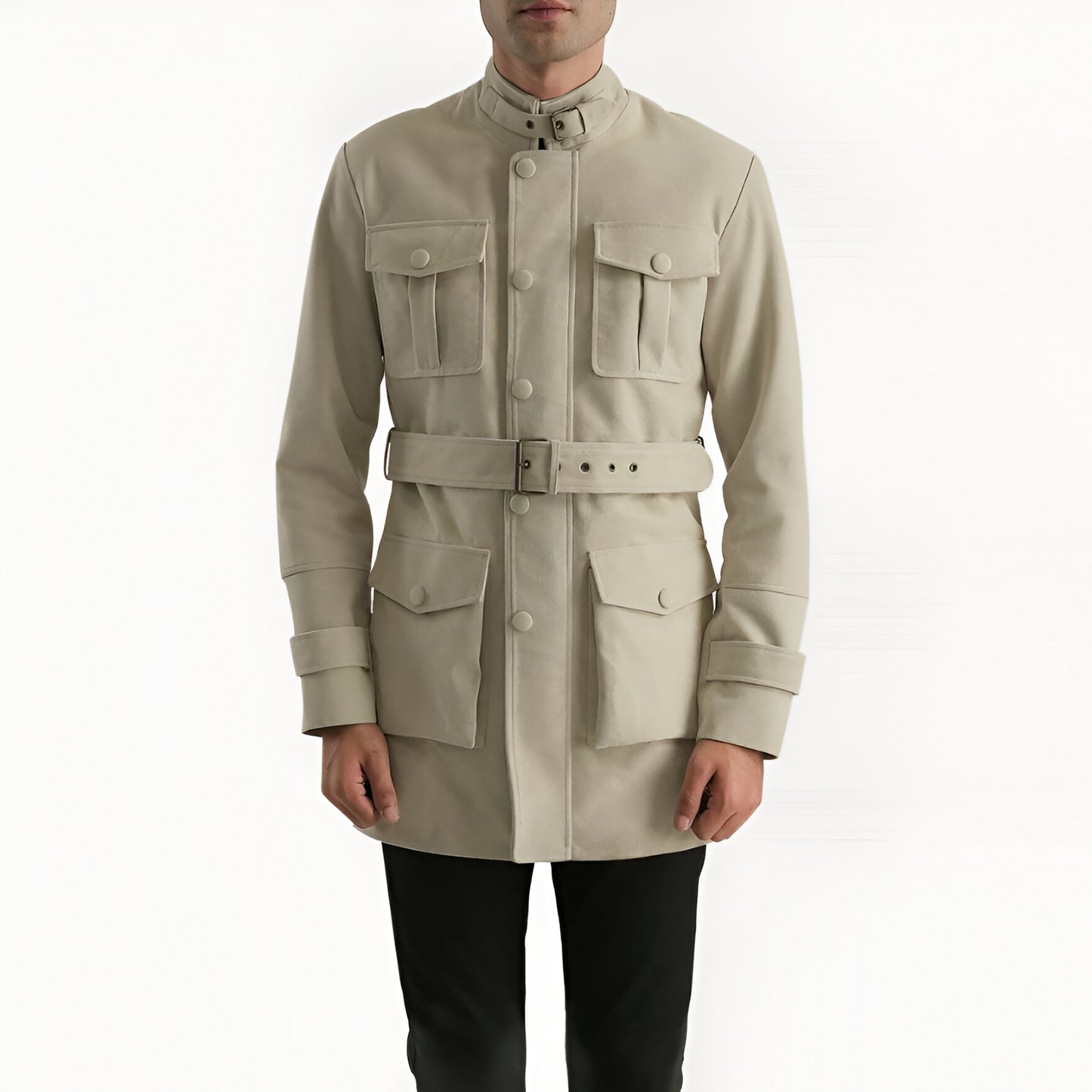 Men's Beige Belted Safari Jacket