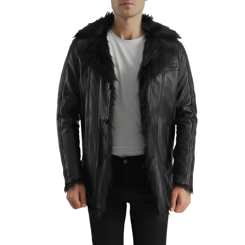 Men's Black Fur Collar Leather Jacket