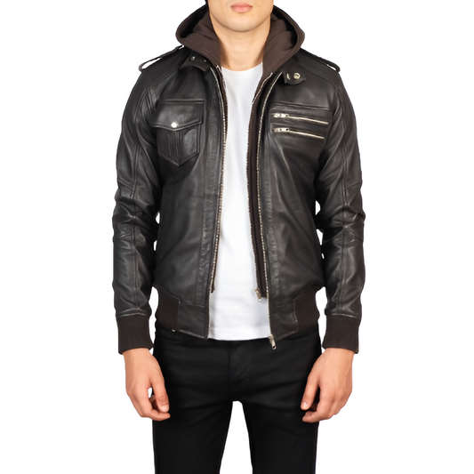 Men's Black Leather Hooded Jacket