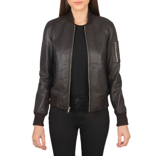 Women's Brown Leather Bomber Jacket with Sleeve Pocket