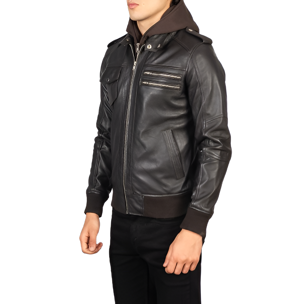 Men's Black Leather Hooded Jacket