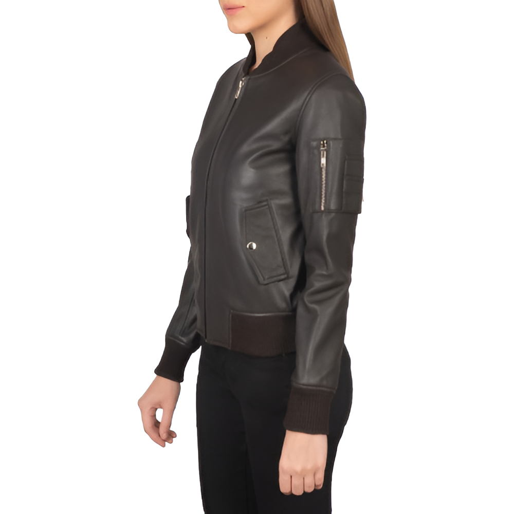 Women's Brown Leather Bomber Jacket with Sleeve Pocket