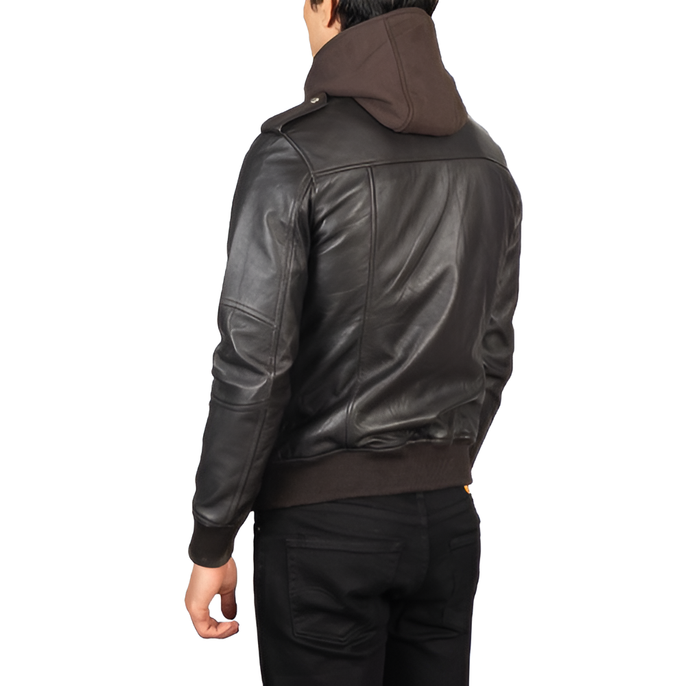 Men's Black Leather Hooded Jacket