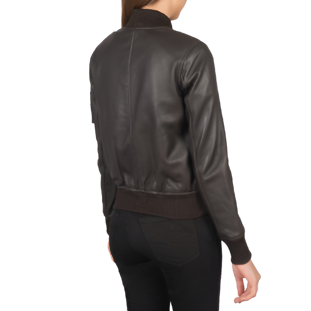 Women's Brown Leather Bomber Jacket with Sleeve Pocket