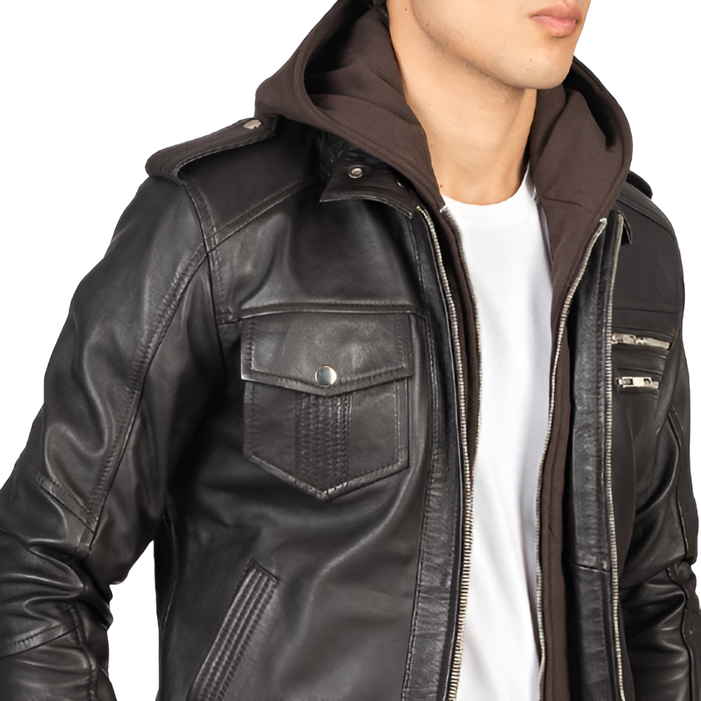 Men's Black Leather Hooded Jacket