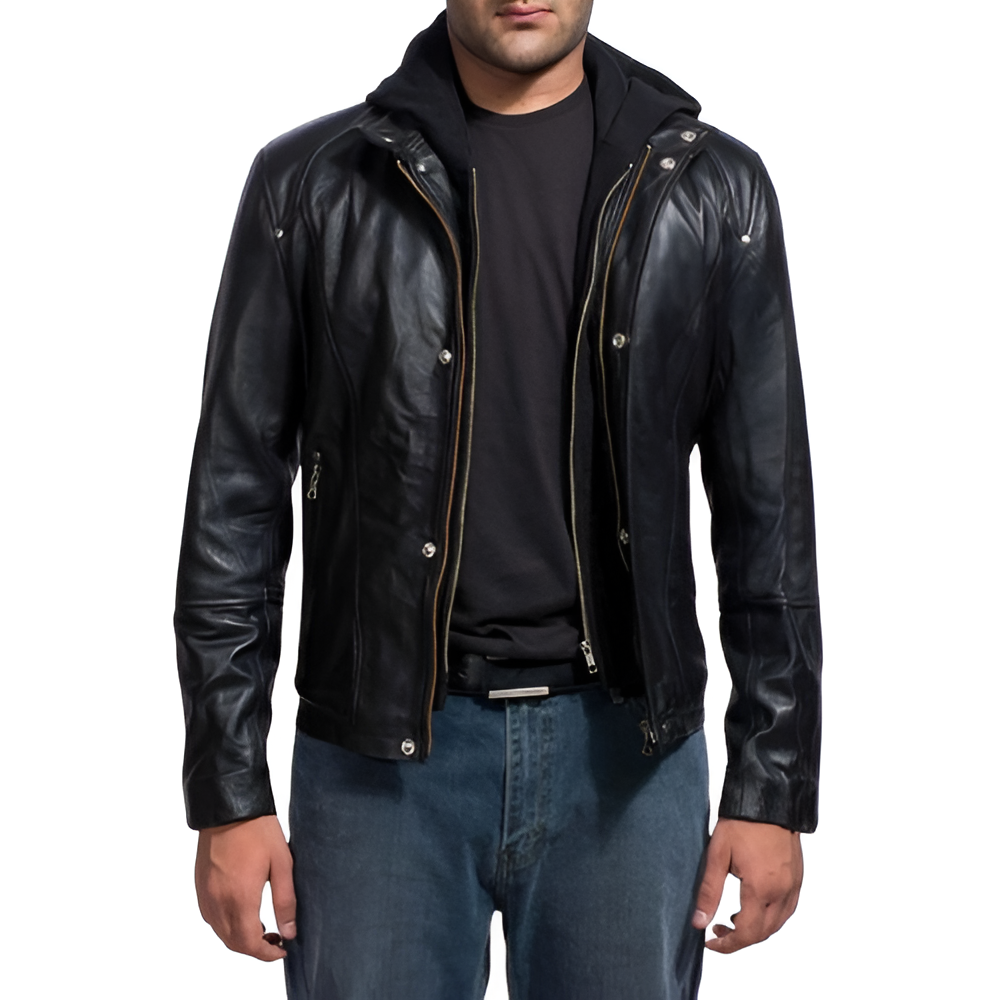 Men's Black Hooded Leather Jacket